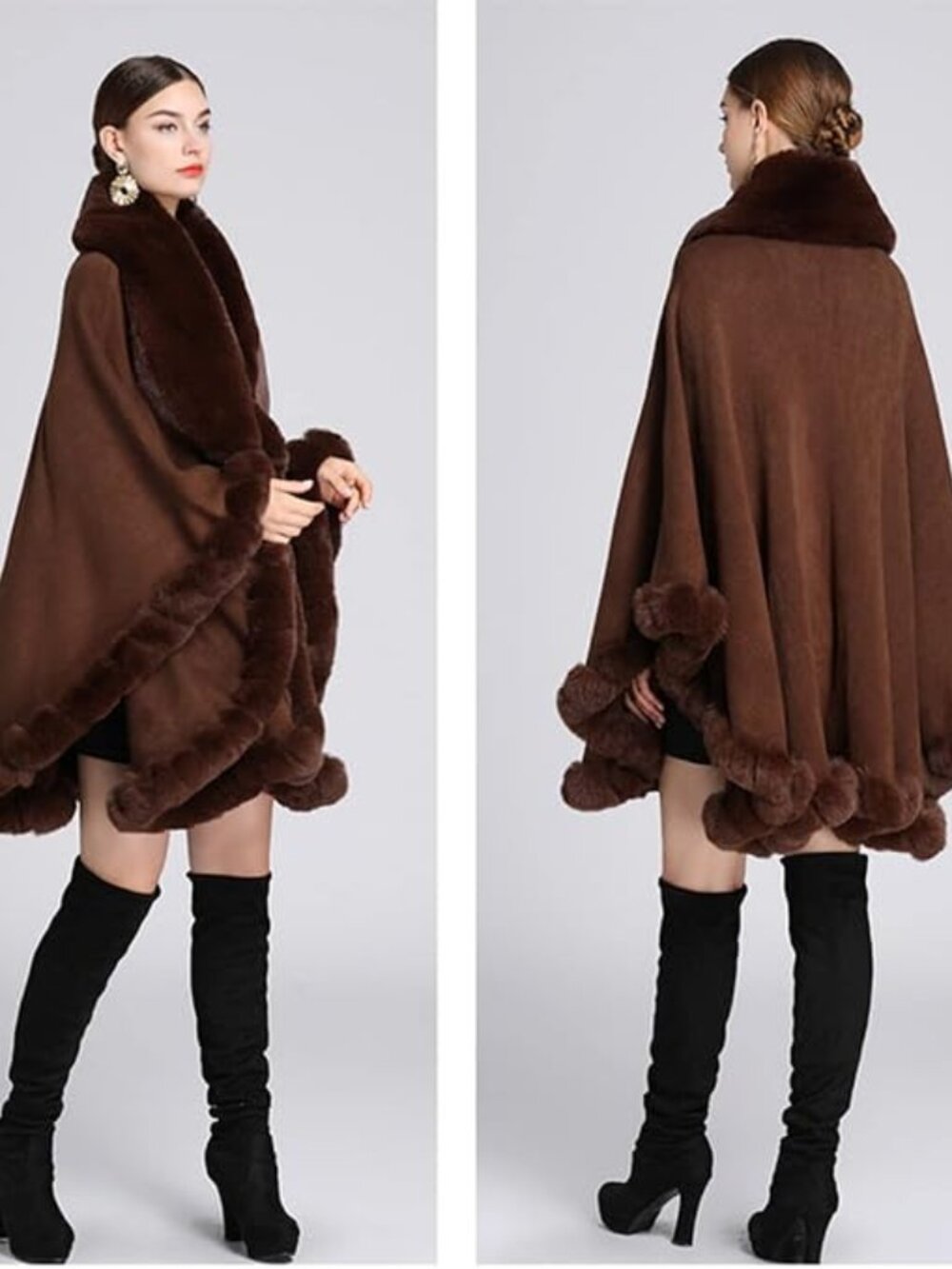 Brown plush oversized fox fur collar trim cashmere cape size S/M
